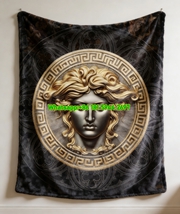 Versace Black Gold 3D Medusa Greek Key Coin Print Flannel Sofa Throw Blanket IMG_1417